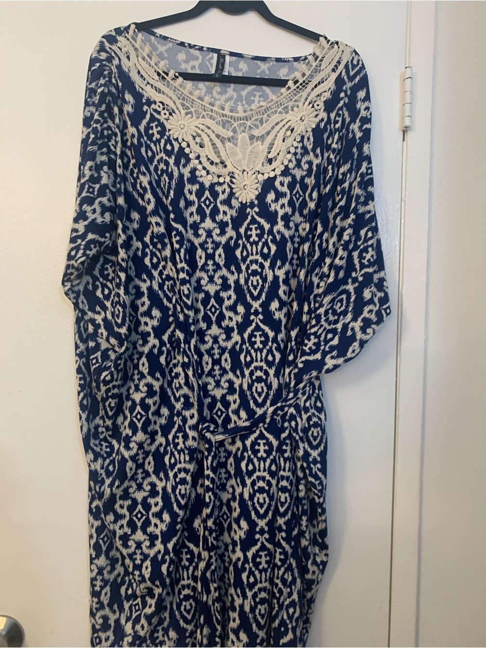 Boho Navy and Cream Lace-Trim Maxi Dress